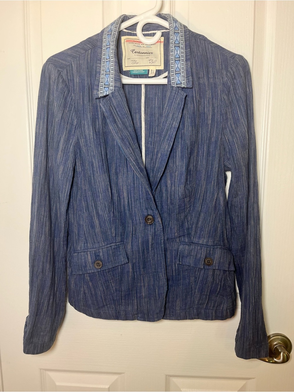 Anthropologie Cartonnier Winona Embroidered Striped Linen Blazer Blue